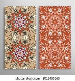 Vertical seamless patterns set, floral geometric lace texture for Wedding, Valentine's day, greeting cards or Birthday Invitations. Decorative seamless backgrounds. Ethnic ornament, border pattern