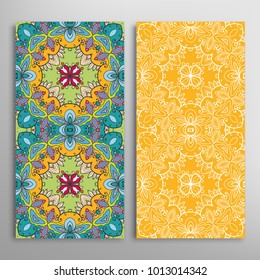 Vertical seamless patterns set, floral geometric lace texture for Wedding, Valentine's day, greeting cards or Birthday Invitations. Decorative seamless backgrounds. Ethnic ornament, border pattern