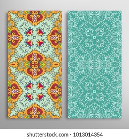 Vertical seamless patterns set, floral geometric lace texture for Wedding, Valentine's day, greeting cards or Birthday Invitations. Decorative seamless backgrounds. Ethnic ornament, border pattern