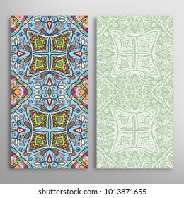 Vertical seamless patterns set, floral geometric lace texture for Wedding, Valentine's day, greeting cards or Birthday Invitations. Decorative seamless backgrounds. Ethnic ornament, border pattern