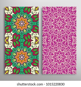 Vertical seamless patterns set, floral geometric lace texture for Wedding, Valentine's day, greeting cards or Birthday Invitations. Decorative seamless backgrounds. Ethnic ornament, border pattern