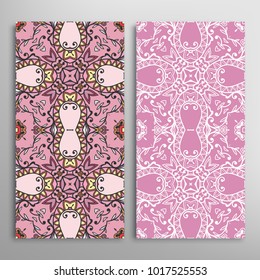 Vertical seamless patterns set, floral geometric lace texture for Wedding, Valentine's day, greeting cards or Birthday Invitations. Decorative seamless backgrounds. Ethnic ornament, border pattern