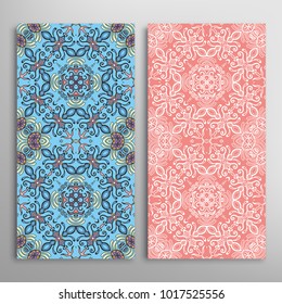 Vertical seamless patterns set, floral geometric lace texture for Wedding, Valentine's day, greeting cards or Birthday Invitations. Decorative seamless backgrounds. Ethnic ornament, border pattern