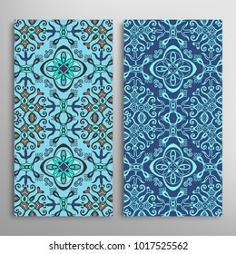 Vertical seamless patterns set, floral geometric lace texture for Wedding, Valentine's day, greeting cards or Birthday Invitations. Decorative seamless backgrounds. Ethnic ornament, border pattern