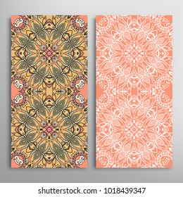 Vertical seamless patterns set, floral geometric lace texture for Wedding, Valentine's day, greeting cards or Birthday Invitations. Decorative seamless backgrounds. Ethnic ornament, border pattern