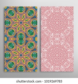Vertical seamless patterns set, floral geometric lace texture for Wedding, Valentine's day, greeting cards or Birthday Invitations. Decorative seamless backgrounds. Ethnic ornament, border pattern