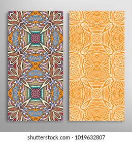 Vertical seamless patterns set, floral geometric lace texture for Wedding, Valentine's day, greeting cards or Birthday Invitations. Decorative seamless backgrounds. Ethnic ornament, border pattern