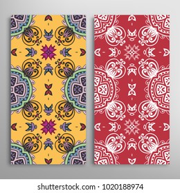Vertical seamless patterns set, floral geometric lace texture for Wedding, Valentine's day, greeting cards or Birthday Invitations. Decorative seamless backgrounds. Ethnic ornament, border pattern