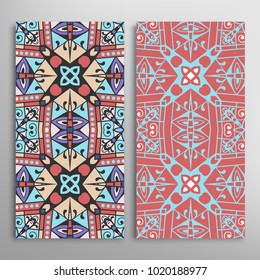 Vertical seamless patterns set, floral geometric lace texture for Wedding, Valentine's day, greeting cards or Birthday Invitations. Decorative seamless backgrounds. Ethnic ornament, border pattern