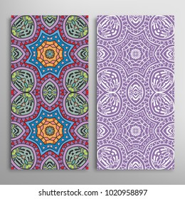 Vertical seamless patterns set, floral geometric lace texture for Wedding, Valentine's day, greeting cards or Birthday Invitations. Decorative seamless backgrounds. Ethnic ornament, border pattern