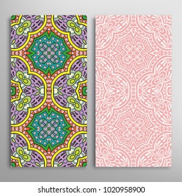 Vertical seamless patterns set, floral geometric lace texture for Wedding, Valentine's day, greeting cards or Birthday Invitations. Decorative seamless backgrounds. Ethnic ornament, border pattern