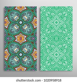 Vertical seamless patterns set, floral geometric lace texture for Wedding, Valentine's day, greeting cards or Birthday Invitations. Decorative seamless backgrounds. Ethnic ornament, border pattern