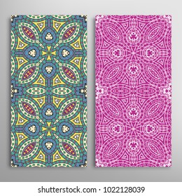 Vertical seamless patterns set, floral geometric lace texture for Wedding, Valentine's day, greeting cards or Birthday Invitations. Decorative seamless backgrounds. Ethnic ornament, border pattern