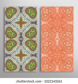 Vertical seamless patterns set, floral geometric lace texture for Wedding, Valentine's day, greeting cards or Birthday Invitations. Decorative seamless backgrounds. Ethnic ornament, border pattern
