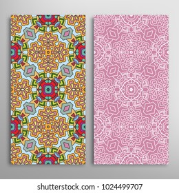Vertical seamless patterns set, floral geometric lace texture for Wedding, Valentine's day, greeting cards or Birthday Invitations. Decorative seamless backgrounds. Ethnic ornament, border pattern