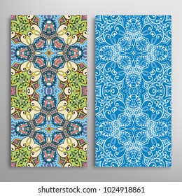 Vertical seamless patterns set, floral geometric lace texture for Wedding, Valentine's day, greeting cards or Birthday Invitations. Decorative seamless backgrounds. Ethnic ornament, border pattern