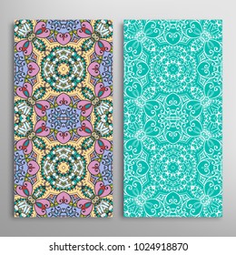 Vertical seamless patterns set, floral geometric lace texture for Wedding, Valentine's day, greeting cards or Birthday Invitations. Decorative seamless backgrounds. Ethnic ornament, border pattern