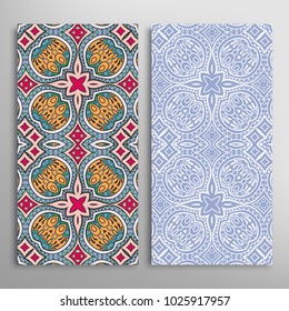 Vertical seamless patterns set, floral geometric lace texture for Wedding, Valentine's day, greeting cards or Birthday Invitations. Decorative seamless backgrounds. Ethnic ornament, border pattern