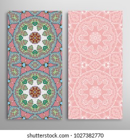 Vertical seamless patterns set, floral geometric lace texture for Wedding, Valentine's day, greeting cards or Birthday Invitations. Decorative seamless backgrounds. Ethnic ornament, border pattern