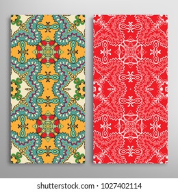 Vertical seamless patterns set, floral geometric lace texture for Wedding, Valentine's day, greeting cards or Birthday Invitations. Decorative seamless backgrounds. Ethnic ornament, border pattern