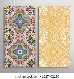 Vertical seamless patterns set, floral geometric lace texture for Wedding, Valentine's day, greeting cards or Birthday Invitations. Decorative seamless backgrounds. Ethnic ornament, border pattern