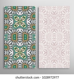 Vertical seamless patterns set, floral geometric lace texture for Wedding, Valentine's day, greeting cards or Birthday Invitations. Decorative seamless backgrounds. Ethnic ornament, border pattern