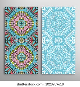 Vertical seamless patterns set, floral geometric lace texture for Wedding, Valentine's day, greeting cards or Birthday Invitations. Decorative seamless backgrounds. Ethnic ornament, border pattern