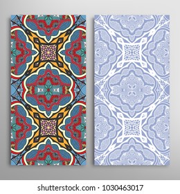 Vertical seamless patterns set, floral geometric lace texture for Wedding, Valentine's day, greeting cards or Birthday Invitations. Decorative seamless backgrounds. Ethnic ornament, border pattern