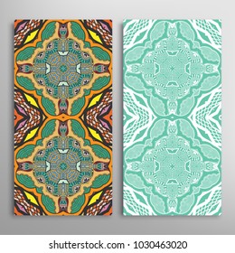 Vertical seamless patterns set, floral geometric lace texture for Wedding, Valentine's day, greeting cards or Birthday Invitations. Decorative seamless backgrounds. Ethnic ornament, border pattern