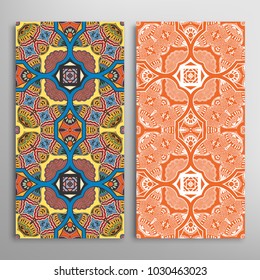Vertical seamless patterns set, floral geometric lace texture for Wedding, Valentine's day, greeting cards or Birthday Invitations. Decorative seamless backgrounds. Ethnic ornament, border pattern