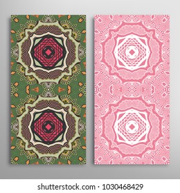 Vertical seamless patterns set, floral geometric lace texture for Wedding, Valentine's day, greeting cards or Birthday Invitations. Decorative seamless backgrounds. Ethnic ornament, border pattern
