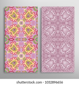 Vertical seamless patterns set, floral geometric lace texture for Wedding, Valentine's day, greeting cards or Birthday Invitations. Decorative seamless backgrounds. Ethnic ornament, border pattern