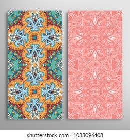 Vertical seamless patterns set, floral geometric lace texture for Wedding, Valentine's day, greeting cards or Birthday Invitations. Decorative seamless backgrounds. Ethnic ornament, border pattern