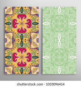 Vertical seamless patterns set, floral geometric lace texture for Wedding, Valentine's day, greeting cards or Birthday Invitations. Decorative seamless backgrounds. Ethnic ornament, border pattern