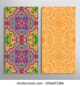 Vertical seamless patterns set, floral geometric lace texture for Wedding, Valentine's day, greeting cards or Birthday Invitations. Decorative seamless backgrounds. Ethnic ornament, border pattern