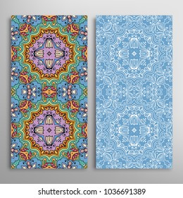 Vertical seamless patterns set, floral geometric lace texture for Wedding, Valentine's day, greeting cards or Birthday Invitations. Decorative seamless backgrounds. Ethnic ornament, border pattern