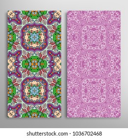 Vertical seamless patterns set, floral geometric lace texture for Wedding, Valentine's day, greeting cards or Birthday Invitations. Decorative seamless backgrounds. Ethnic ornament, border pattern