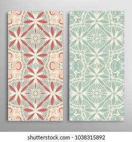 Vertical seamless patterns set, floral geometric lace texture for Wedding, Valentine's day, greeting cards or Birthday Invitations. Decorative seamless backgrounds. Ethnic ornament, border pattern