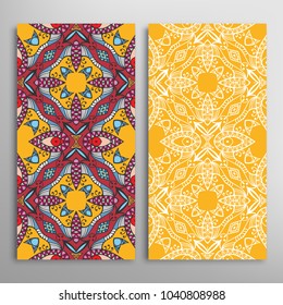 Vertical seamless patterns set, floral geometric lace texture for Wedding, Valentine's day, greeting cards or Birthday Invitations. Decorative seamless backgrounds. Ethnic ornament, border pattern