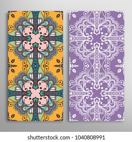 Vertical seamless patterns set, floral geometric lace texture for Wedding, Valentine's day, greeting cards or Birthday Invitations. Decorative seamless backgrounds. Ethnic ornament, border pattern