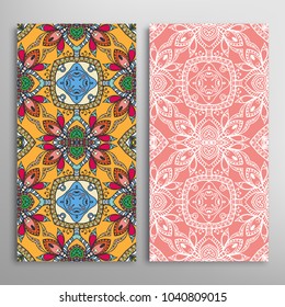 Vertical seamless patterns set, floral geometric lace texture for Wedding, Valentine's day, greeting cards or Birthday Invitations. Decorative seamless backgrounds. Ethnic ornament, border pattern
