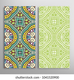 Vertical seamless patterns set, floral geometric lace texture for Wedding, Valentine's day, greeting cards or Birthday Invitations. Decorative seamless backgrounds. Ethnic ornament, border pattern