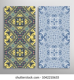 Vertical seamless patterns set, floral geometric lace texture for Wedding, Valentine's day, greeting cards or Birthday Invitations. Decorative seamless backgrounds. Ethnic ornament, border pattern