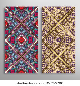 Vertical seamless patterns set, floral geometric lace texture for Wedding, Valentine's day, greeting cards or Birthday Invitations. Decorative seamless backgrounds. Ethnic ornament, border pattern