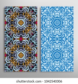 Vertical seamless patterns set, floral geometric lace texture for Wedding, Valentine's day, greeting cards or Birthday Invitations. Decorative seamless backgrounds. Ethnic ornament, border pattern
