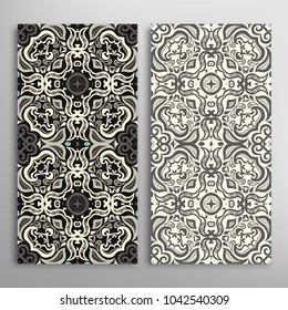 Vertical seamless patterns set, floral geometric lace texture for Wedding, Valentine's day, greeting cards or Birthday Invitations. Decorative seamless backgrounds. Ethnic ornament, border pattern