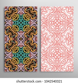 Vertical seamless patterns set, floral geometric lace texture for Wedding, Valentine's day, greeting cards or Birthday Invitations. Decorative seamless backgrounds. Ethnic ornament, border pattern
