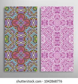 Vertical seamless patterns set, floral geometric lace texture for Wedding, Valentine's day, greeting cards or Birthday Invitations. Decorative seamless backgrounds. Ethnic ornament, border pattern