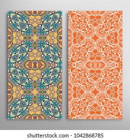 Vertical seamless patterns set, floral geometric lace texture for Wedding, Valentine's day, greeting cards or Birthday Invitations. Decorative seamless backgrounds. Ethnic ornament, border pattern