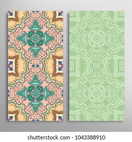 Vertical seamless patterns set, floral geometric lace texture for Wedding, Valentine's day, greeting cards or Birthday Invitations. Decorative seamless backgrounds. Ethnic ornament, border pattern